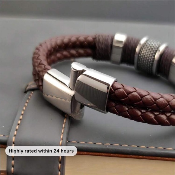BROWN STAINLESS STEEL LEATHER BRACELET SILVER AND BROWN - Picture 4 of 5